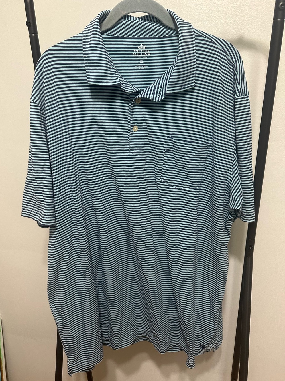 Peter Millar Light Blue and Navy Striped Polo